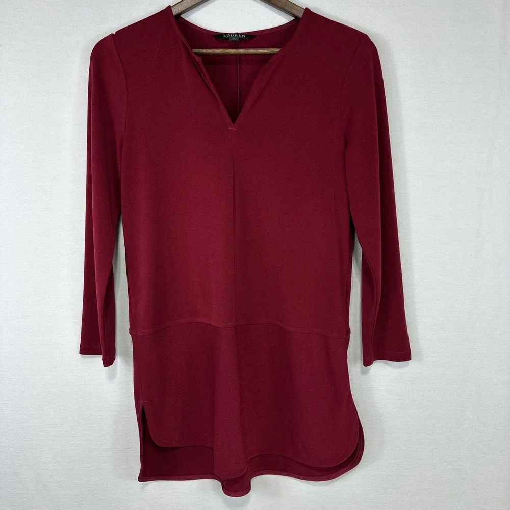 LRL Ralph Lauren Women's Large‎ Blouse Shirt Tunic Top Cranberry Stretch V-neck